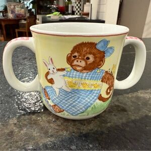 Childs Mug Two Handled Kelly B. Rightsell Designs Portugal Monkey & Turtle EUC